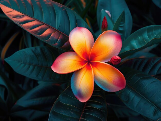 Foto flor colorida en el fondo de la naturaleza de follaje tropical oscuro