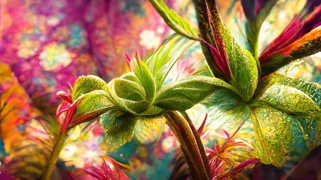 Flor colorida en la ilustración 3D de fondo de naturaleza de follaje tropical oscuro