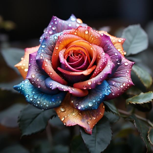 Flor colorida de la rosa del arco iris con imágenes de gotas de rocío Arte generado por IA