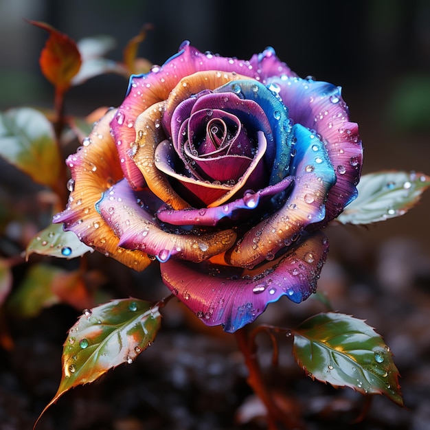 Flor colorida de la rosa del arco iris con imágenes de gotas de rocío Arte generado por IA