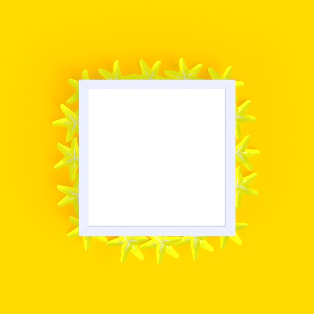 Foto flor com moldura branca em branco abstrato mínimo fundo amarelo, conceito de natureza, renderi 3d