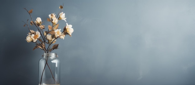 Flor conservada en un frasco de vidrio contra una pared monocromática