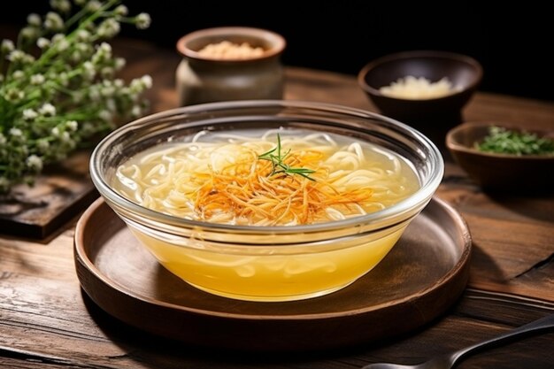 Flor de cordyceps hervida con sopa de pollo servida en un recipiente aislado en la vista lateral de la mesa