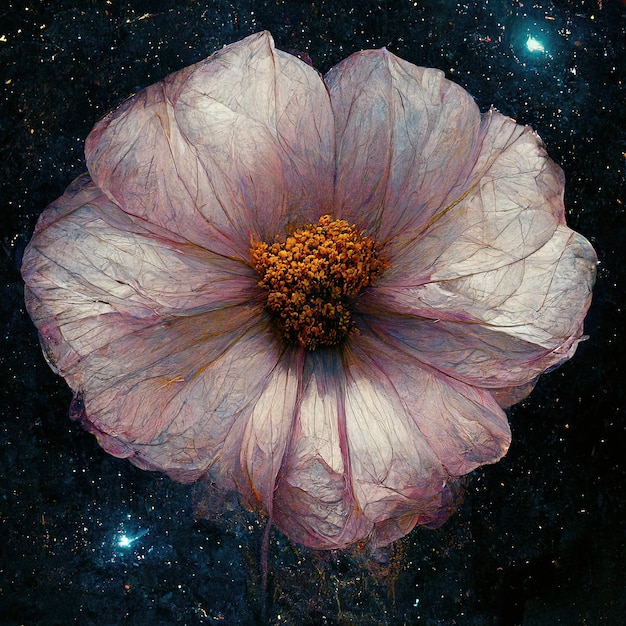 Flor cósmica artística con galaxias espacio profundo oscuro y estrellas en el fondo pétalos de flor rosa