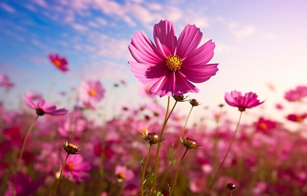 Una flor del cosmos frente al amanecer en el campo IA generativa