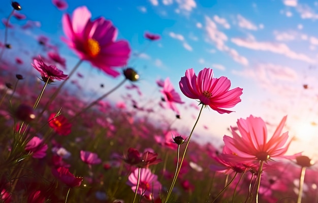 Una flor del cosmos frente al amanecer en el campo IA generativa