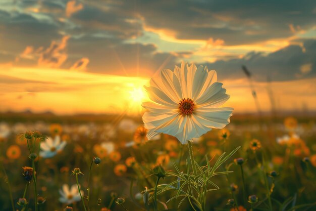 Una flor del cosmos frente al amanecer en el campo