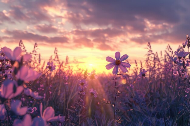 Una flor del cosmos frente al amanecer en el campo