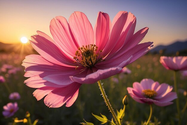 La flor del cosmos en la luz del atardecer