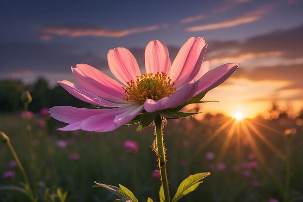 La flor del cosmos en la luz del atardecer