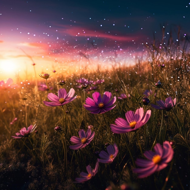 Flor del cosmos en el prado al atardecer