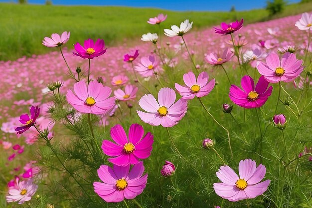 La flor del cosmos de primavera rosa floreciendo en el jardín colorido fondo del campo