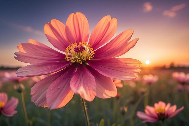 La flor del cosmos en primer plano en el fondo del atardecer con un enfoque selectivo suave