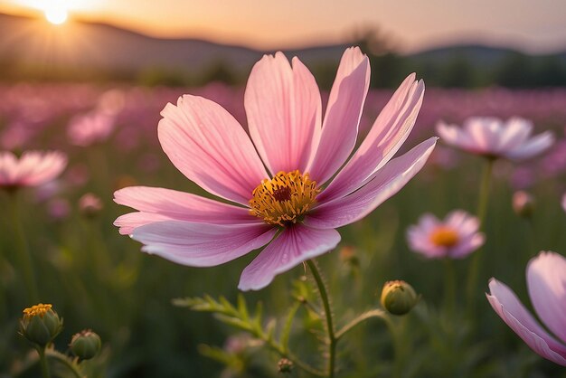 La flor del cosmos en primer plano en el fondo del atardecer con un enfoque selectivo suave