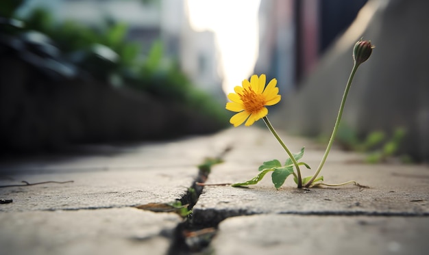 Una flor crece en una grieta en una acera.