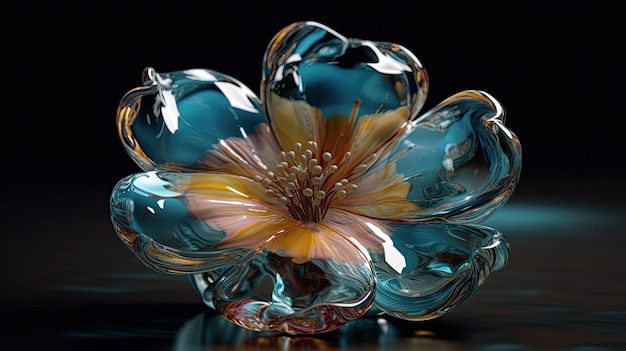 Una flor de cristal con base azul y flores amarillas.