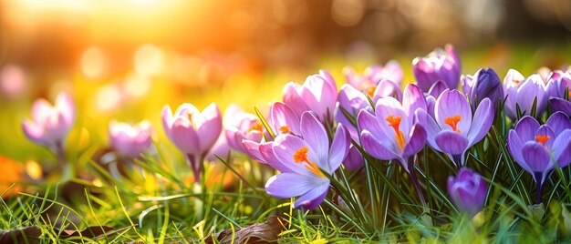 La flor del crocus en primer plano en el fondo de la hierba con la luz del sol