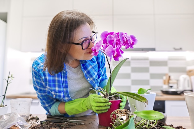 Flor da orquídea Phalaenopsis no vaso, mulher cuidando do transplante de plantas, interior da cozinha espacial