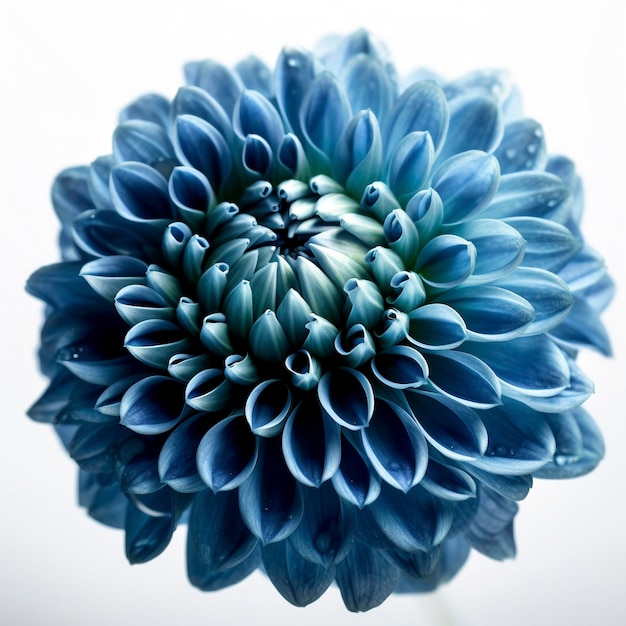 Flor de dalia azul sobre fondo blanco creada con IA generativa