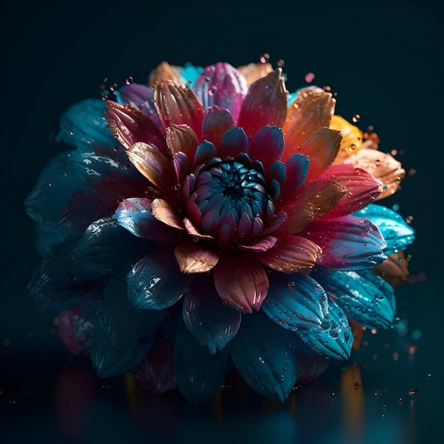 Flor de dalia colorida con gotas de agua sobre fondo oscuro