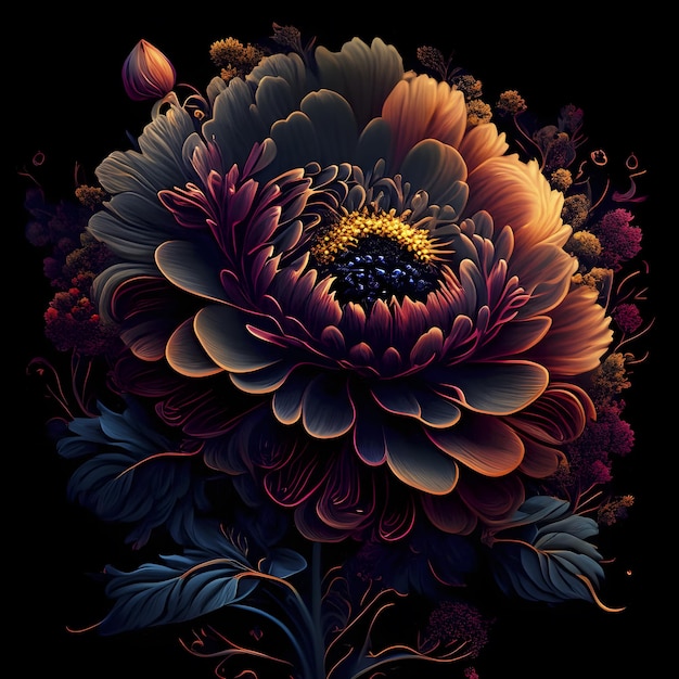 Flor de dalia floreciente Vector colorido aislado sobre fondo negro Ilustración generativa de IA