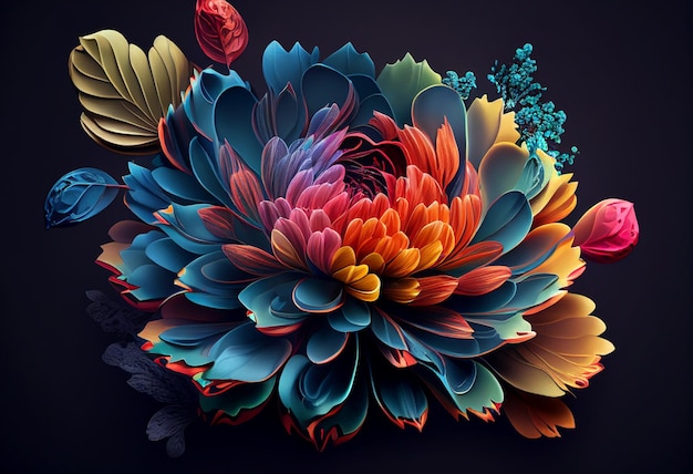 Flor de dalia multicolor sobre fondo negro 3d ilustración generativa ai