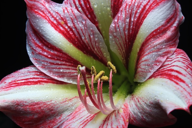 Flor de amarílis de listras rosa em fundo preto