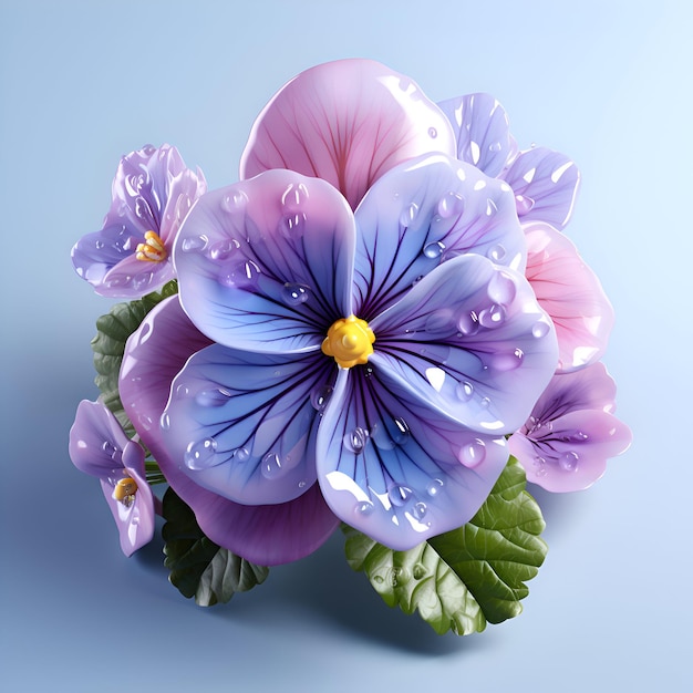 Flor de amor-perfeito violeta em fundo azul ilustração 3D
