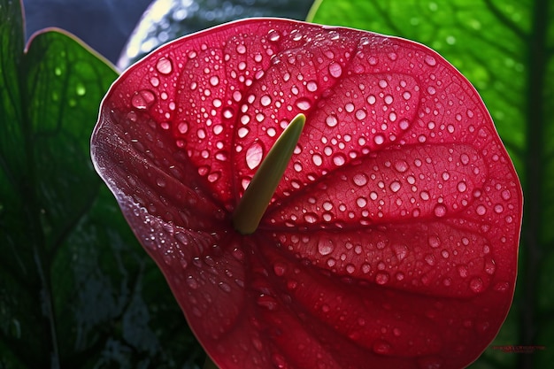 Flor de antúrio vermelho com gotas de orvalho nas pétalas