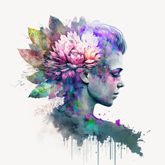 Flor de aquarela de dupla exposição abstrata cyberpunk Ilustração digital AI