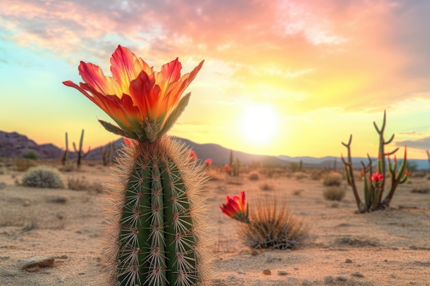 Flor de cacto florescendo no pôr do sol do deserto criada com ai generativa