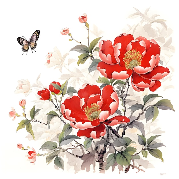 Flor de camélia com pássaro exótico tema chinês cor de fundo ai gerado