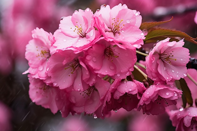 Flor de cerejeira Chuva suave de chuva de primavera Em meio à beleza florescente