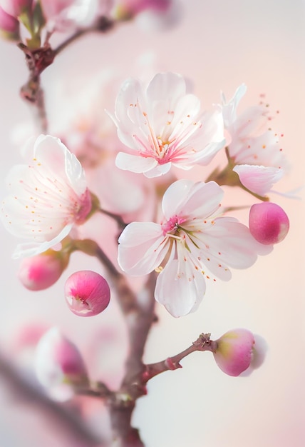 Flor de cerejeira da primavera contra fundo rosa pastel e branco Profundidade de campo rasa efeito sonhador