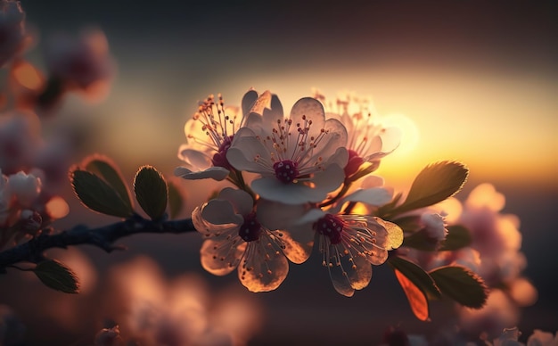 flor de cerejeira na primavera ao pôr do sol efeito de desfoque do céu