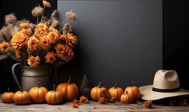 Flor de chapéu de abóbora e folhas na mesa de madeira e espaço para decoração de ornamento de outono de texto