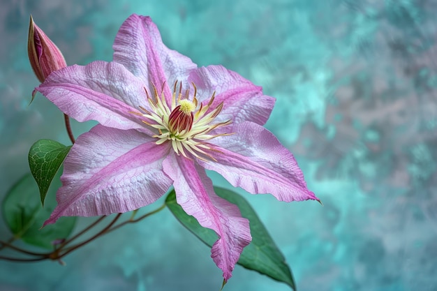 Flor de clematis rosa vibrante em plena floração com fundo de textura azul suave para temas de primavera e