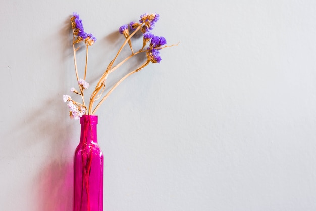 Flor de cor roxa seca no vaso na mesa com fundo de parede