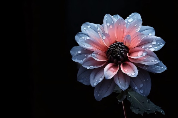 Flor de dália vermelha com gotas de água isoladas em fundo preto Flores em flor um símbolo da primavera nova vida