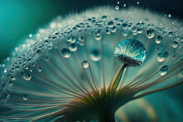 Flor de dente-de-leão após a chuva Gotas de água em sementes fofas macro efeito Fundo romântico IA gerada