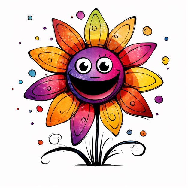 Foto flor de desenho animado com um rosto feliz e pétalas giratórias