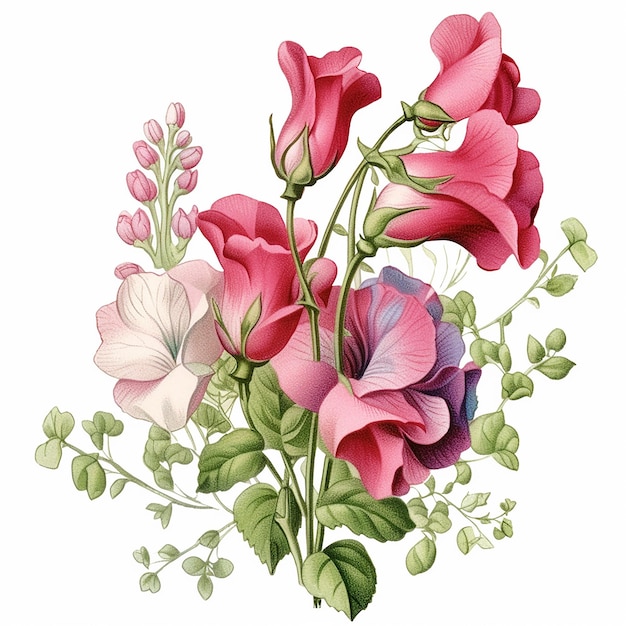 Flor de ervilha doce e rosas Clipart fundo branco