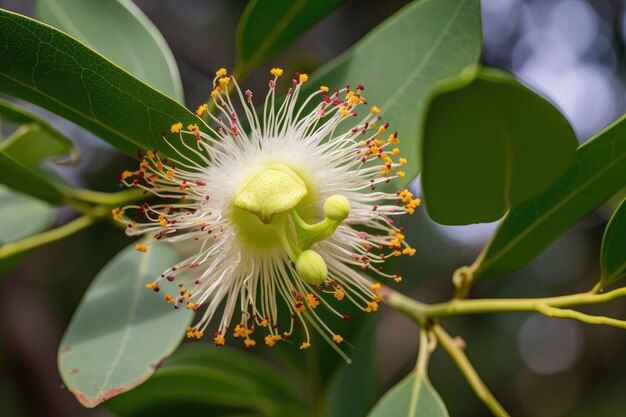 Flor de eucalipto em plena floração cercada por folhagem verde