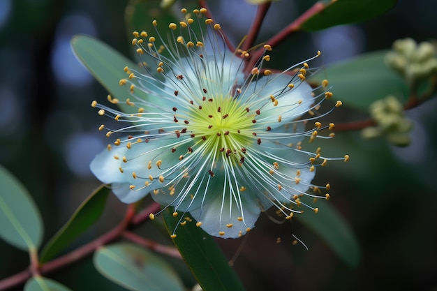 Flor de eucalipto em plena floração com detalhes de pétalas e estames visíveis