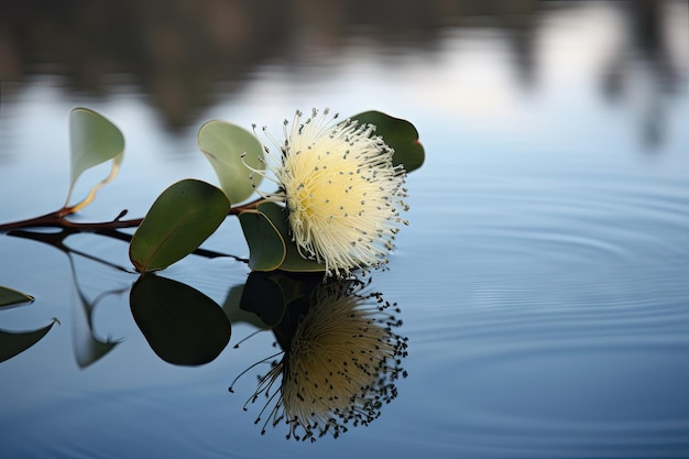 Flor de eucalipto flutuando no lago calmo