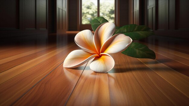 Flor de frangipani na mesa de madeira generative ai