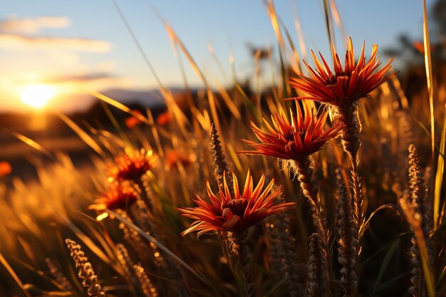 Flor de grama pela manhã ao nascer do sol Ai generativo