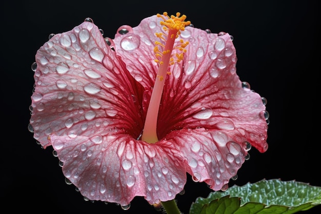 Flor de hibisco com gotas de orvalho na luz da manhã