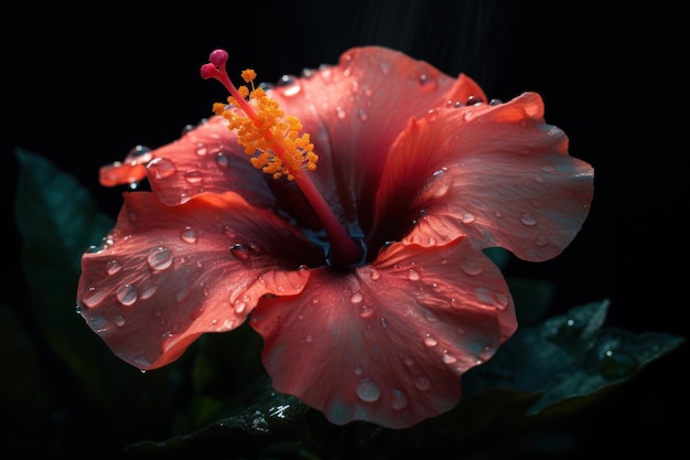 Flor de hibisco vermelho com gotas de água em IA generativa de fundo escuro
