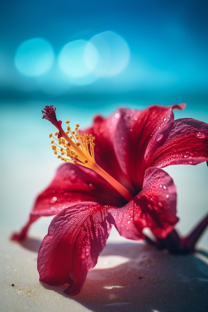 Flor de hibisco vermelho em uma praia